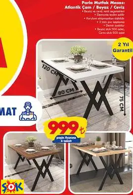 PARLA MUTFAK MASASI ATLANTİK ÇAM / BEYAZ / CEVİZ